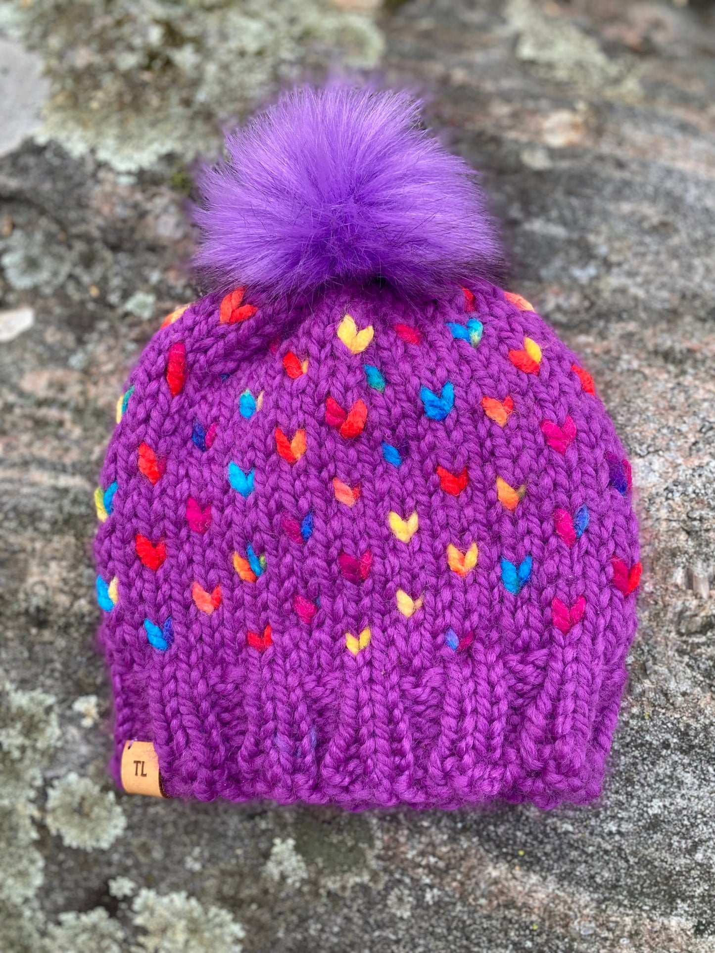 Rainbow Heart Hat Knit Hat Child Winter Toque with Snap on/Snap off Faux Fur Pompom