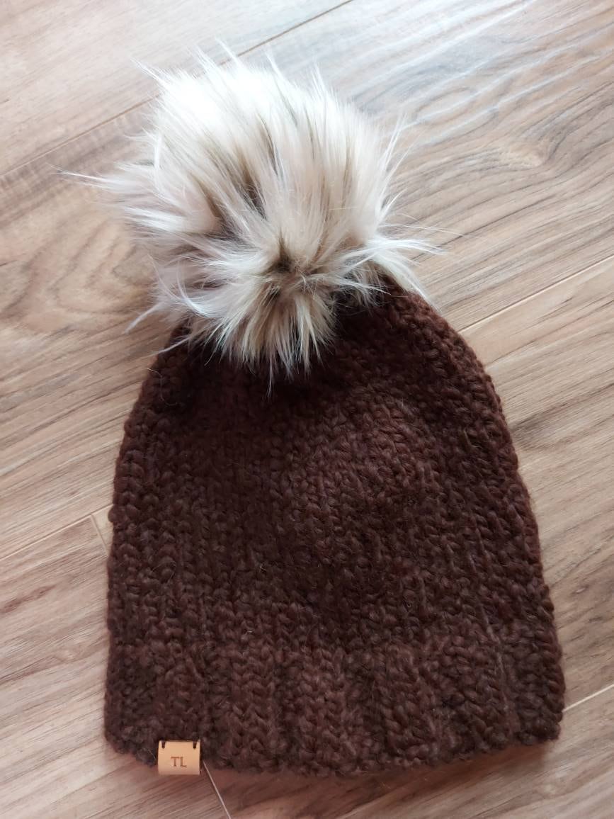 Adult Hand Knit Toque 100% Luxury Alpaca Wool Slouchy Winter Hat with Hand Made Faux Fur Pompom