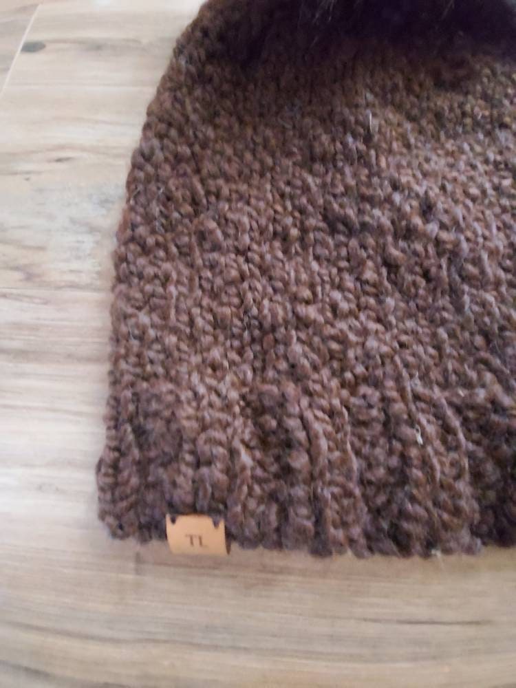 Adult Hand Knit Toque 100% Luxury Alpaca Wool Slouchy Winter Hat with Hand Made Faux Fur Pompom