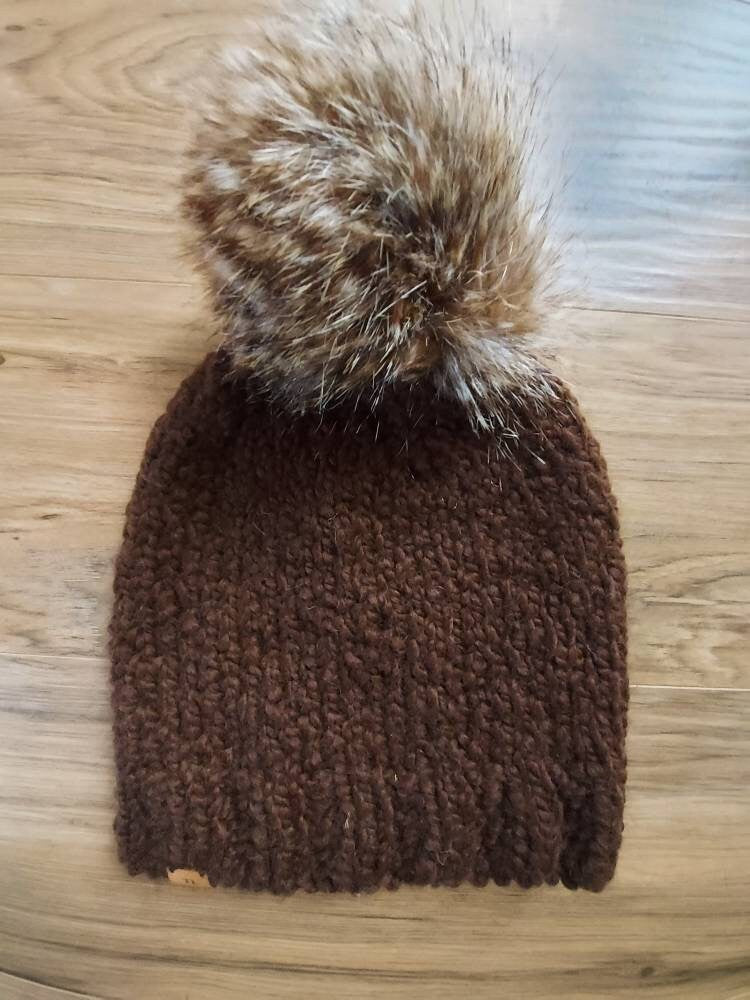 Adult Hand Knit Toque 100% Luxury Alpaca Wool Slouchy Winter Hat with Hand Made Faux Fur Pompom