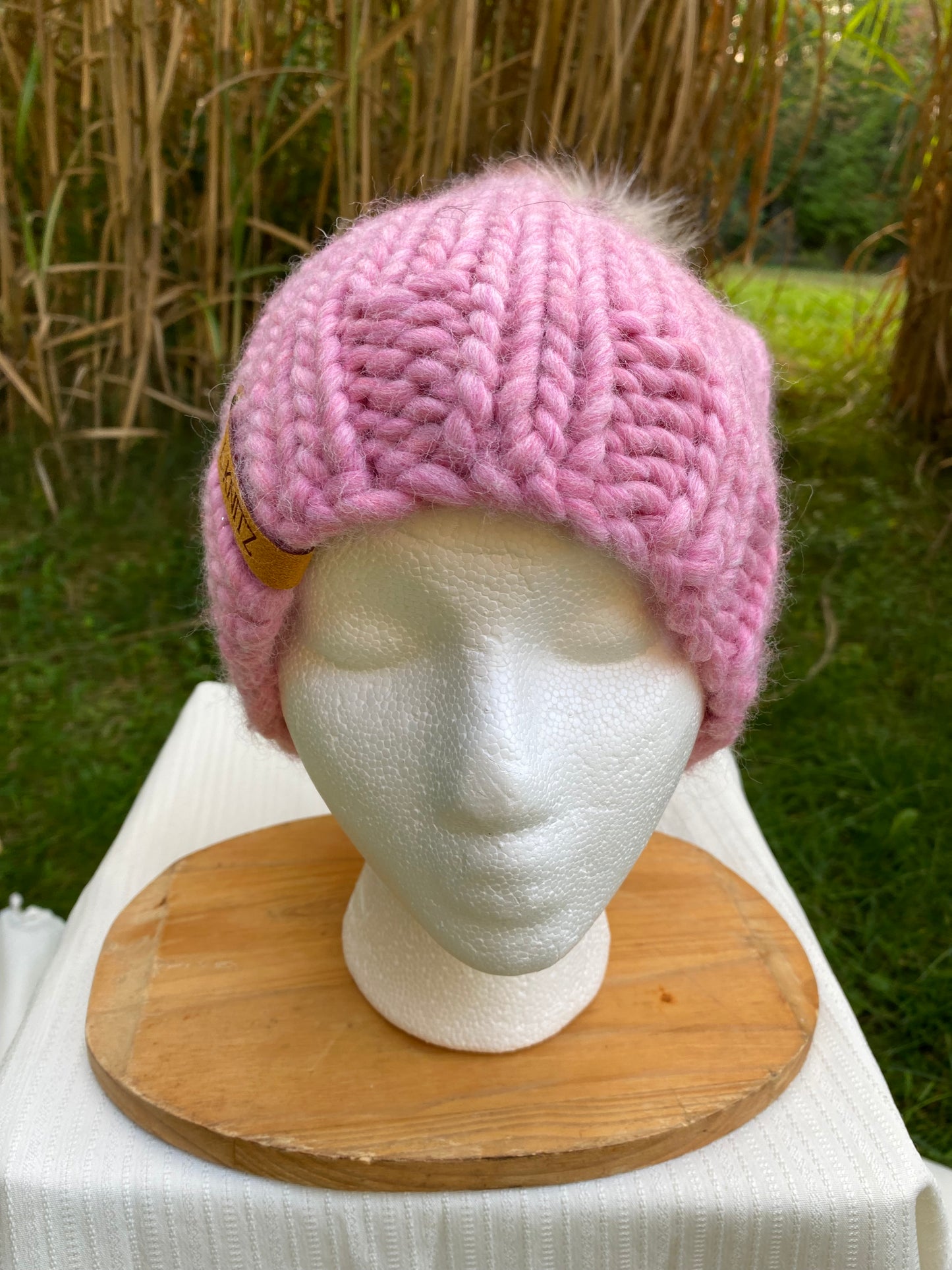 Adult Hand Knit Toque - PINK LEMONADE - 100% Peruvian Wool Hat with Faux Fur Pompom