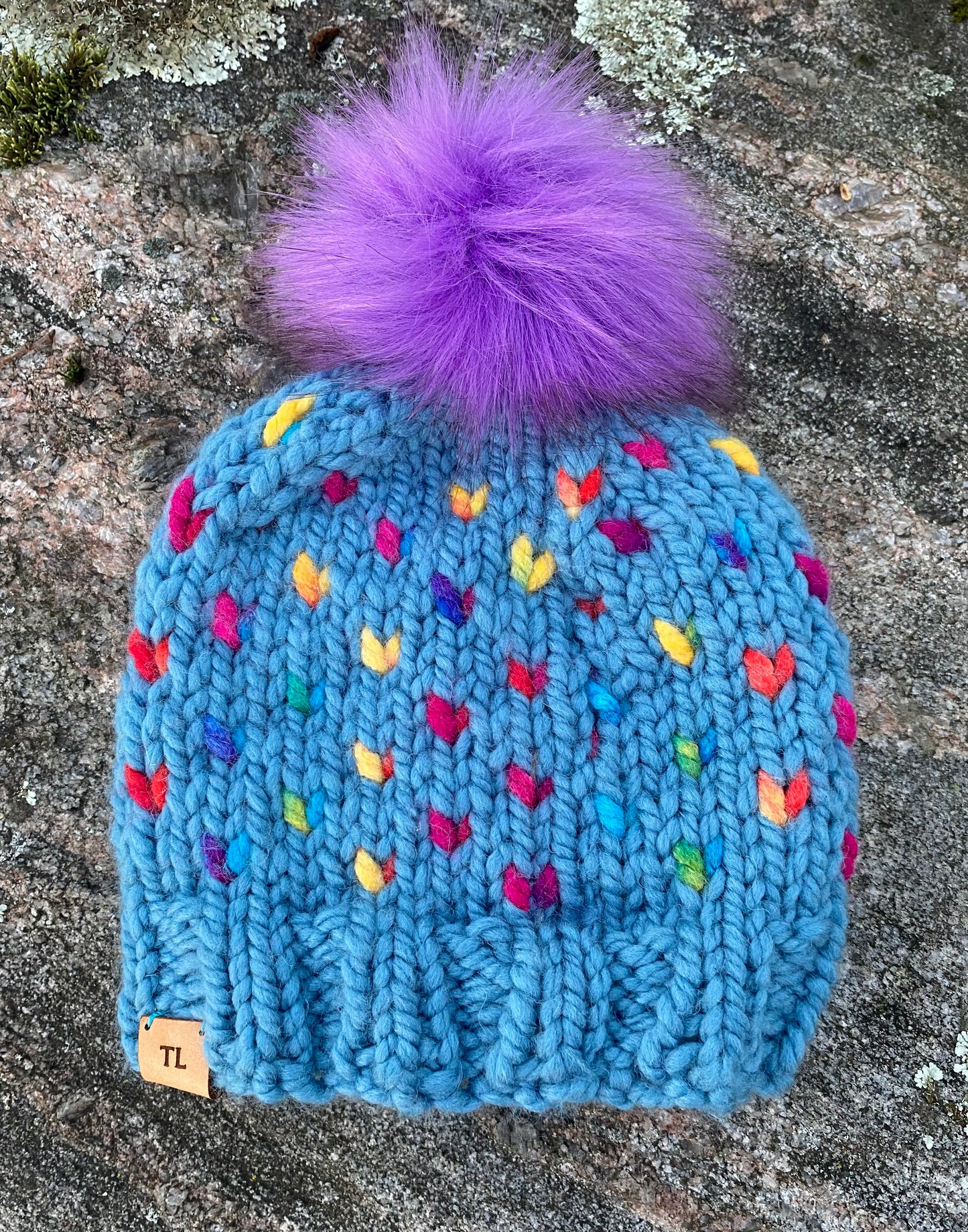 Rainbow Heart Hat - Hand Knit Hat - Child Winter Beanie with Snap On-off Faux Fur Pompom