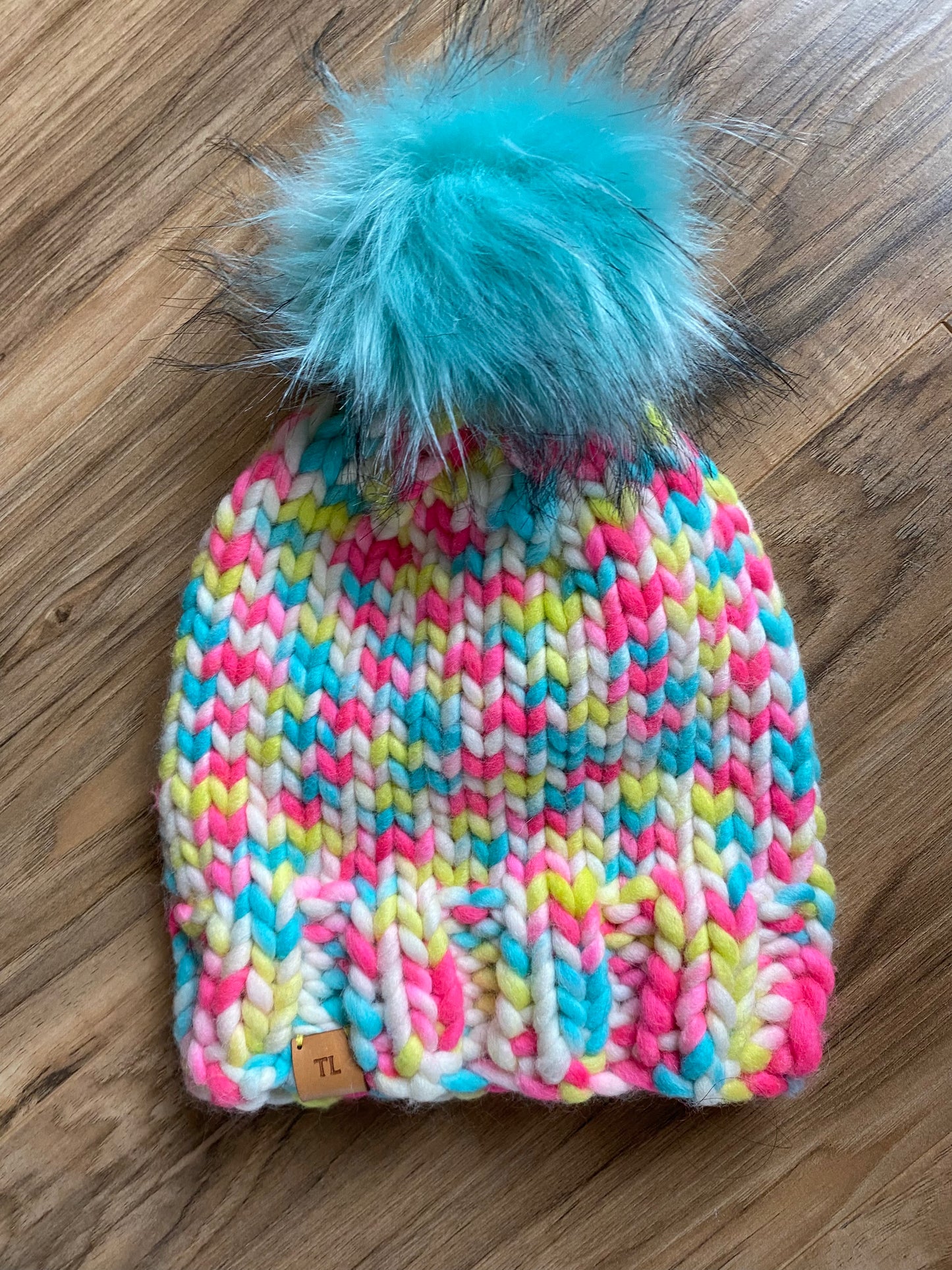 Adult Hand Knit Toque - Neon Marshmallow - 100% Peruvian Wool Hat with Removable Faux Fur Pompom