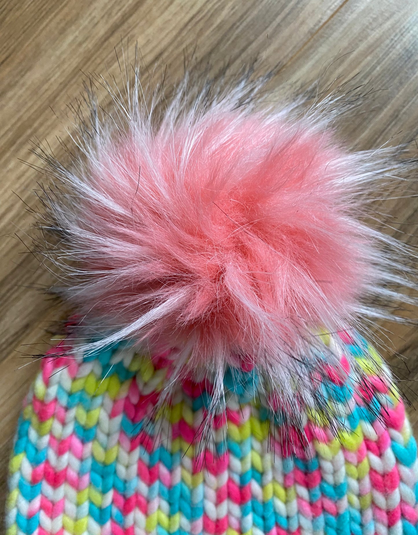 Adult Hand Knit Toque - Neon Marshmallow - 100% Peruvian Wool Hat with Removable Faux Fur Pompom