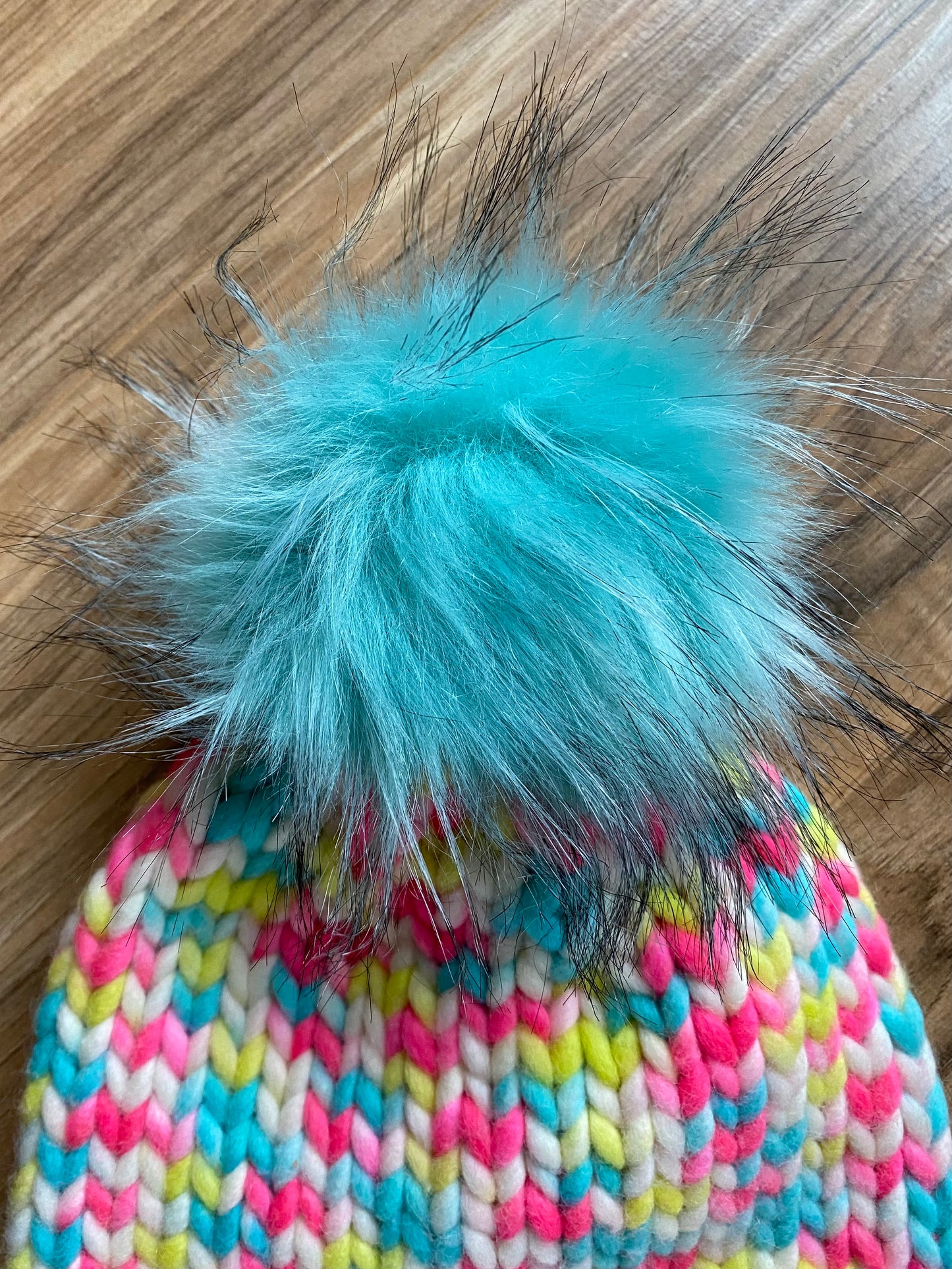Adult Hand Knit Toque - Neon Marshmallow - 100% Peruvian Wool Hat with Removable Faux Fur Pompom
