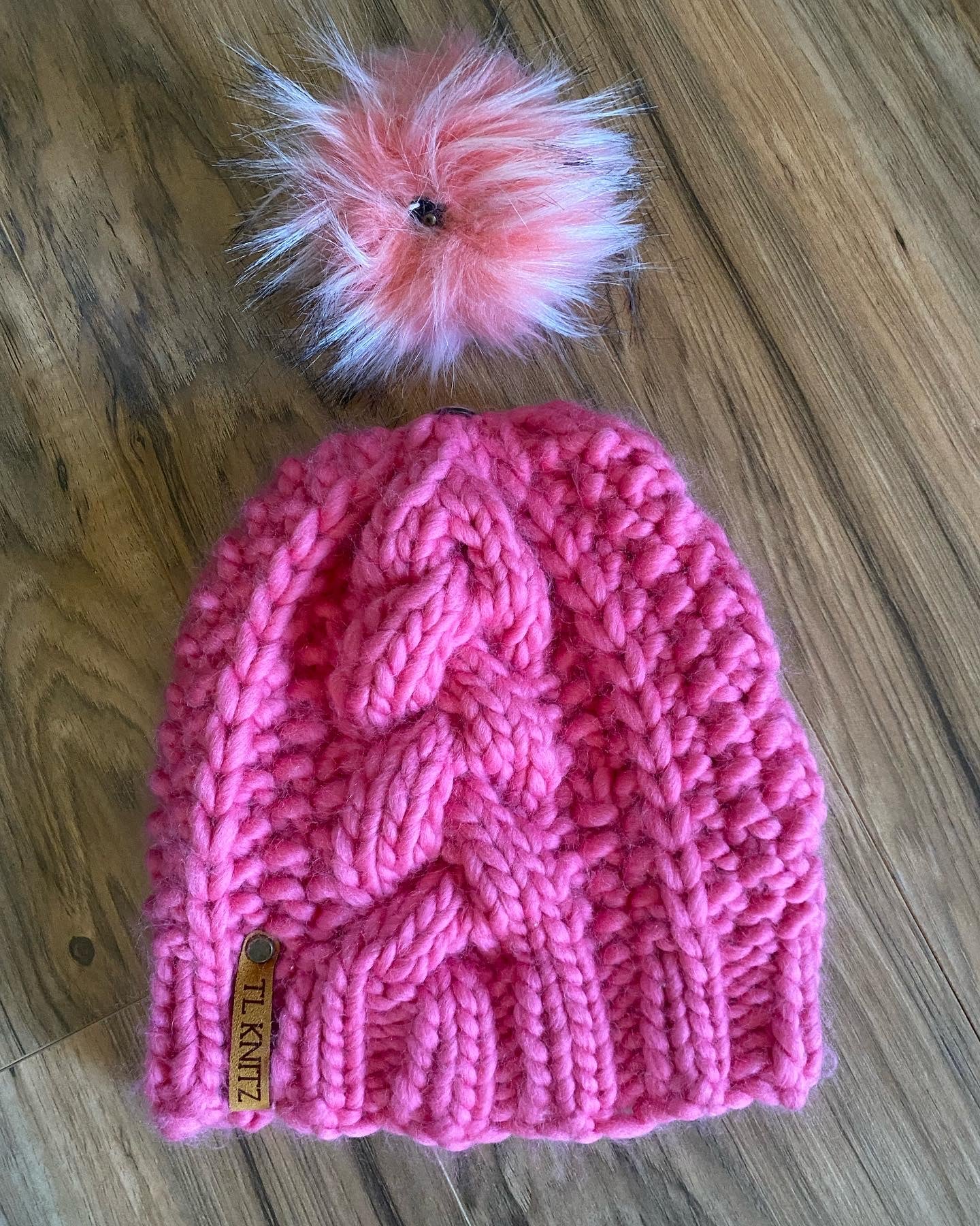 Adult Hand Knit Toque - Bulky Braided Beanie in Bubblegum Pink - 100% Peruvian Wool Hat with Faux Fur Pompom