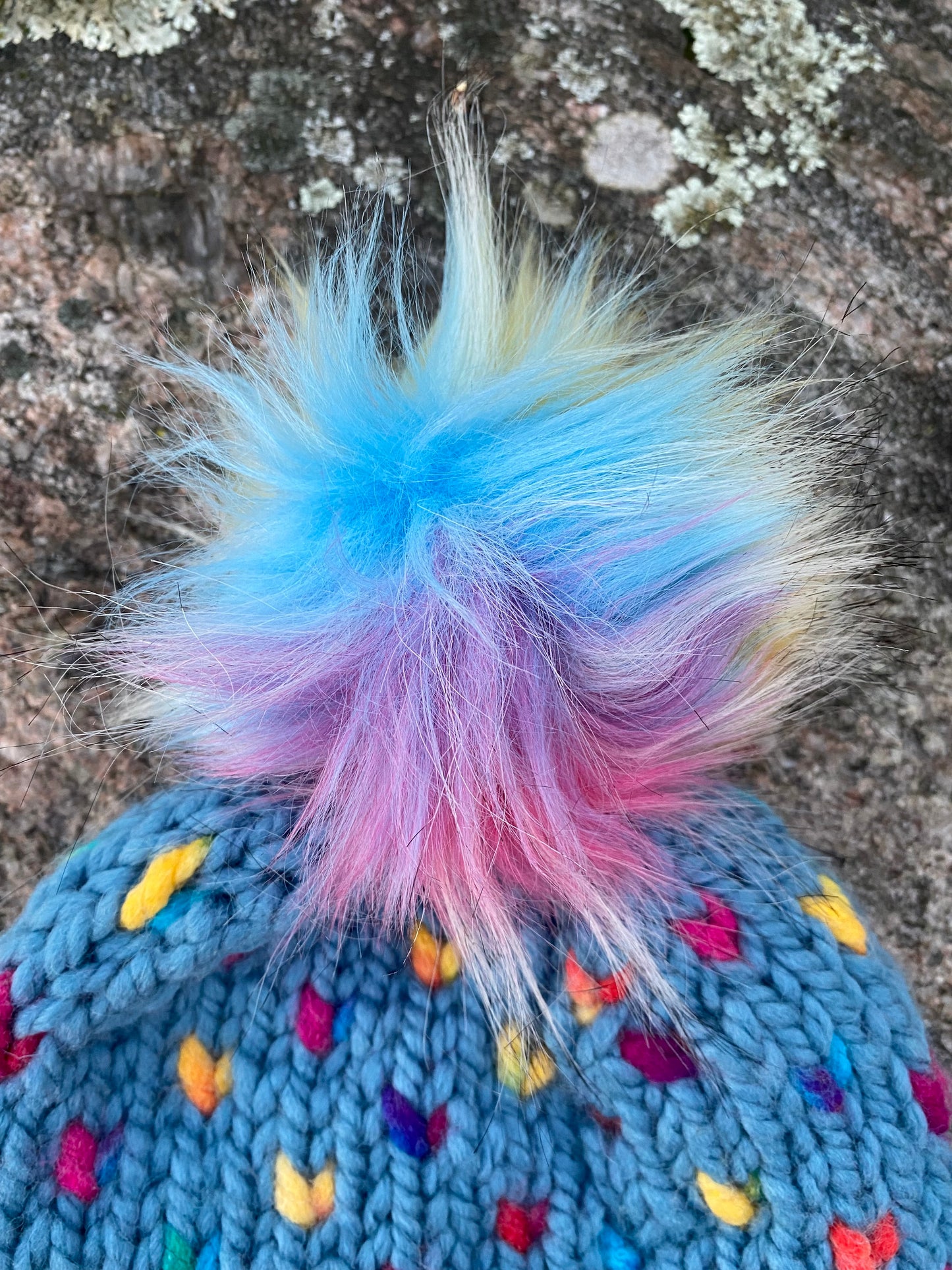 Rainbow Heart Hat - Hand Knit Hat - Child Winter Beanie with Snap On-off Faux Fur Pompom