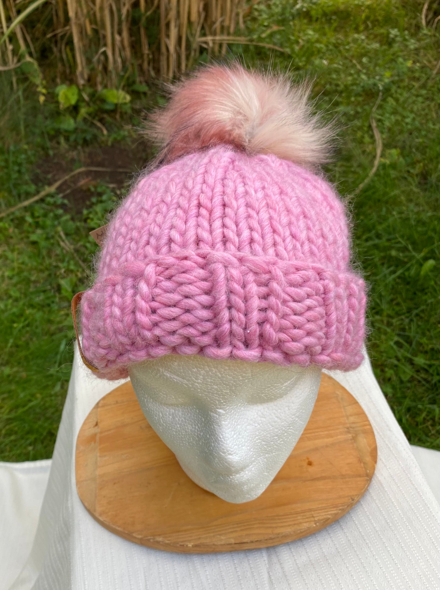 Adult Hand Knit Toque - PINK LEMONADE - 100% Peruvian Wool Hat with Faux Fur Pompom