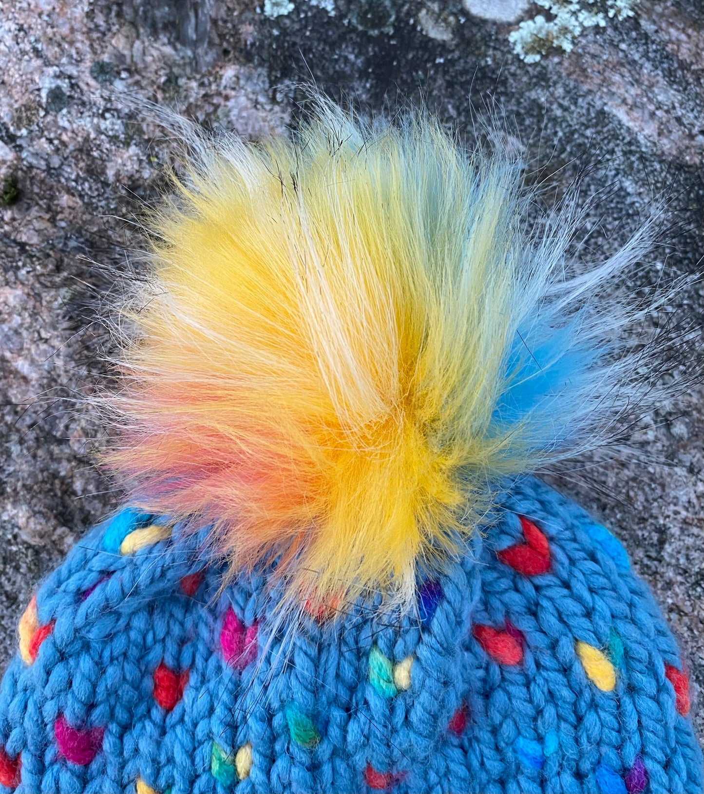 Rainbow Heart Hat - Hand Knit Hat - Child Winter Beanie with Snap On-off Faux Fur Pompom