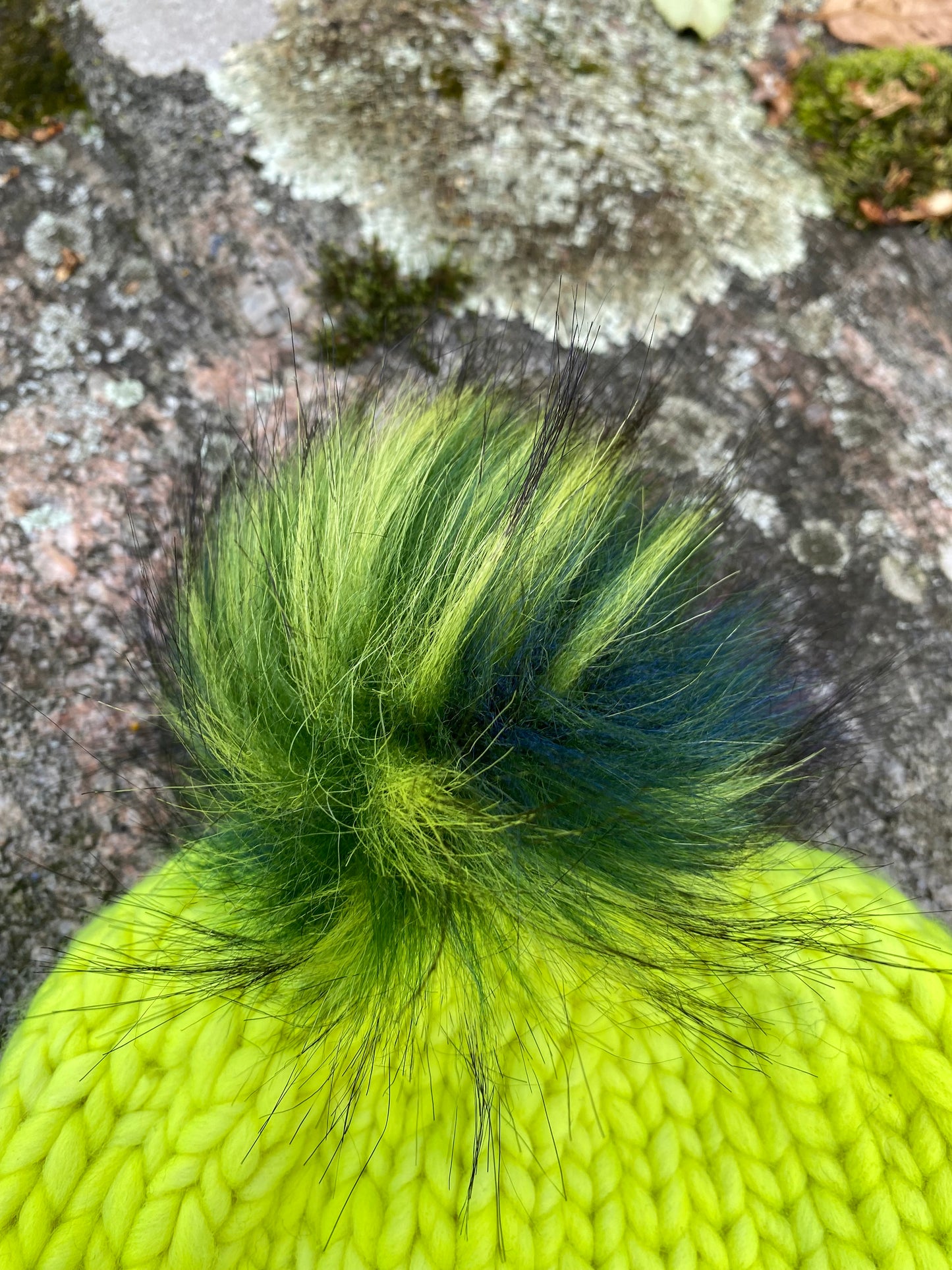 Fluorescent Yellow Child's Toque - Luxury Knit Wool Hat - Child Winter Beanie with Mulit-colour Faux Fur Pompom