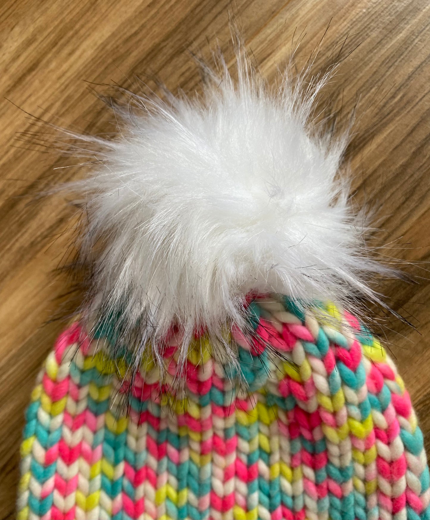 Adult Hand Knit Toque - Neon Marshmallow - 100% Peruvian Wool Hat with Removable Faux Fur Pompom