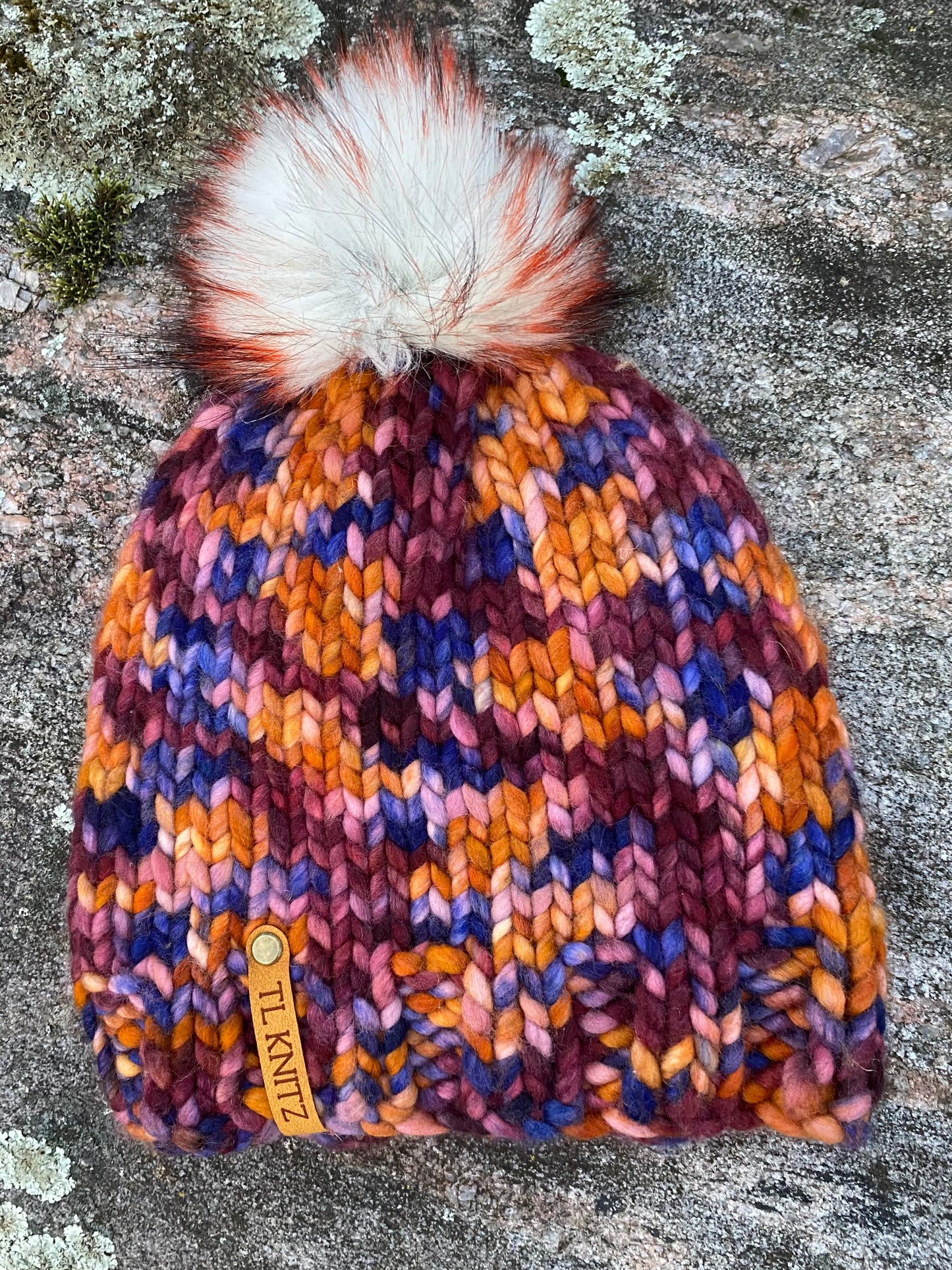 Adult Hand Knit Toque - XILOFONO 100% Luxury Merino Wool Slouchy Winter Hat with Faux Fur Pompom