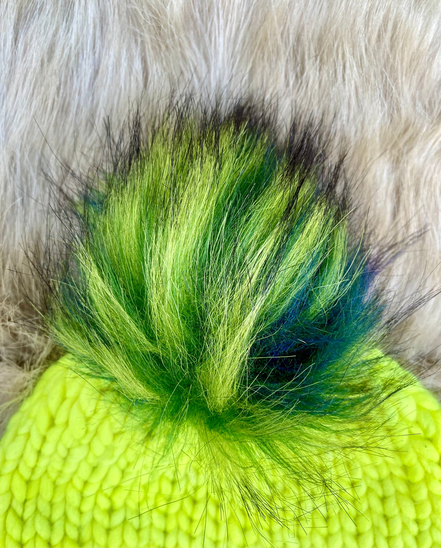 Fluorescent Yellow Child's Toque - Luxury Knit Wool Hat - Child Winter Beanie with Mulit-colour Faux Fur Pompom