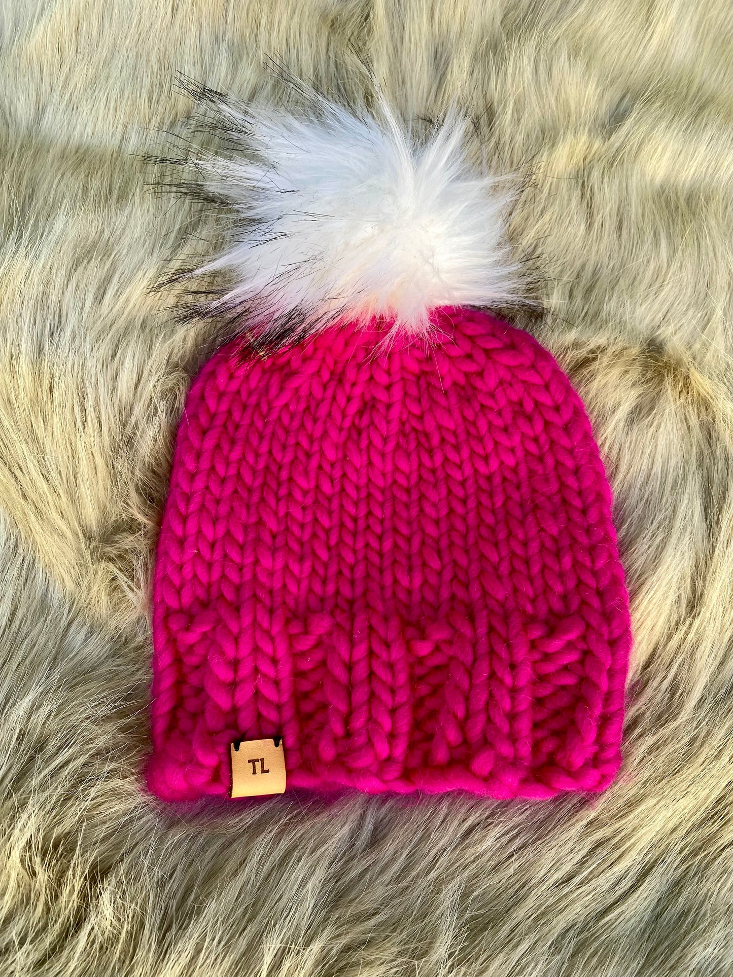 Hot Pink Toque - Luxury Knit Wool Hat - Child Winter Beanie with Interchangeable Snap On-off Faux Fur Pompom