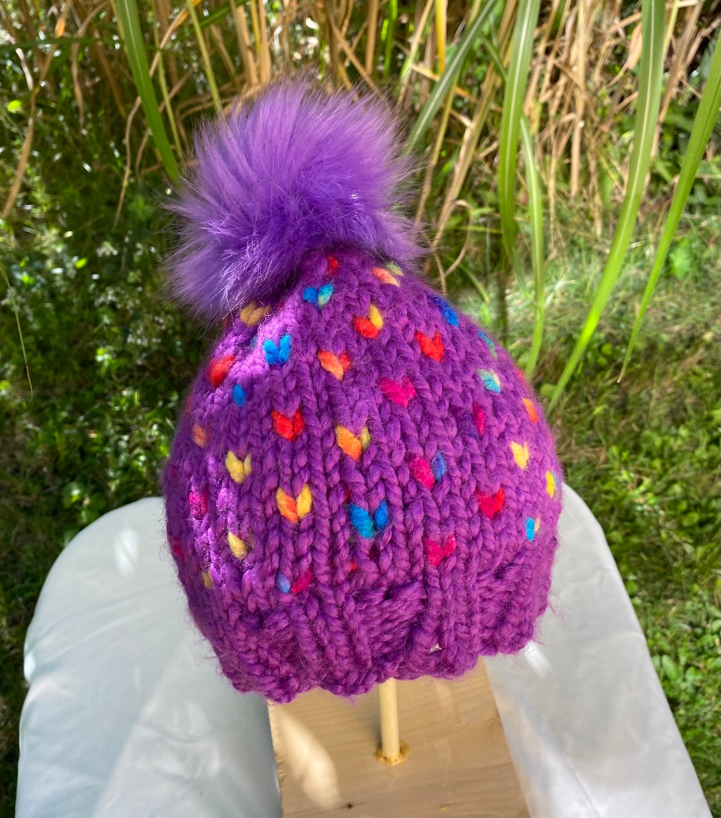 Rainbow Heart Hat Knit Hat Child Winter Toque with Snap on/Snap off Faux Fur Pompom