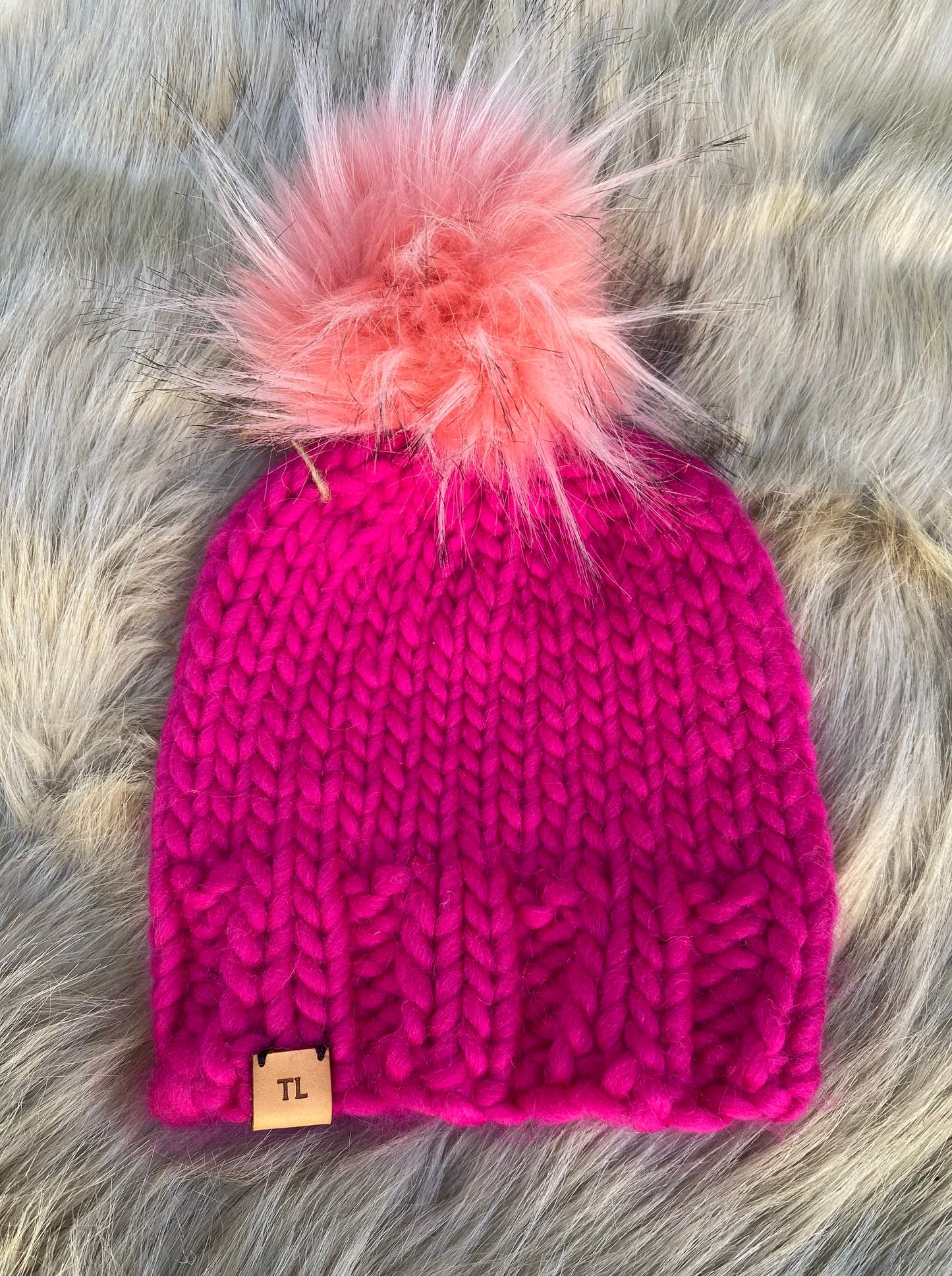 Hot Pink Toque - Luxury Knit Wool Hat - Child Winter Beanie with Interchangeable Snap On-off Faux Fur Pompom