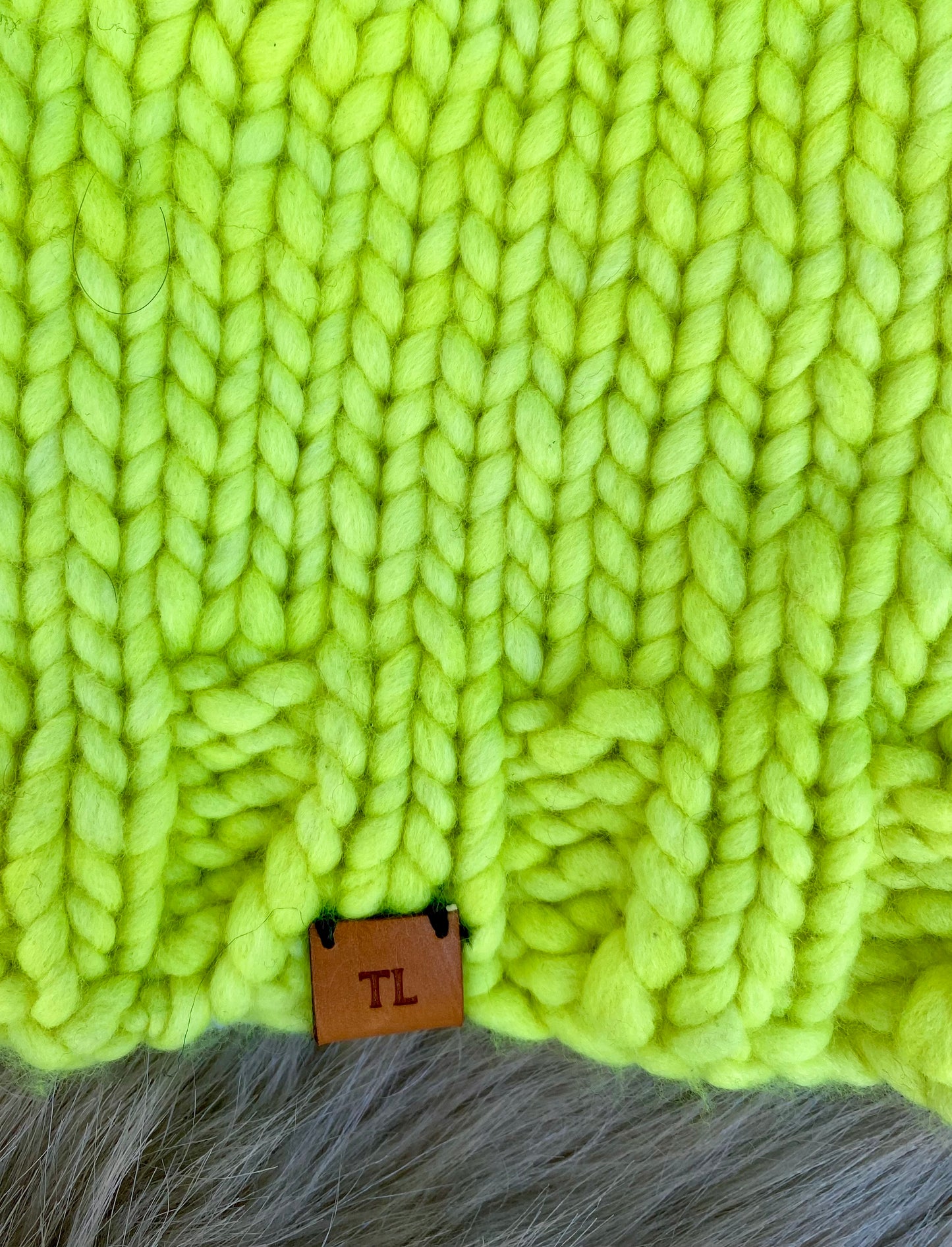 Fluorescent Yellow Child's Toque - Luxury Knit Wool Hat - Child Winter Beanie with Mulit-colour Faux Fur Pompom
