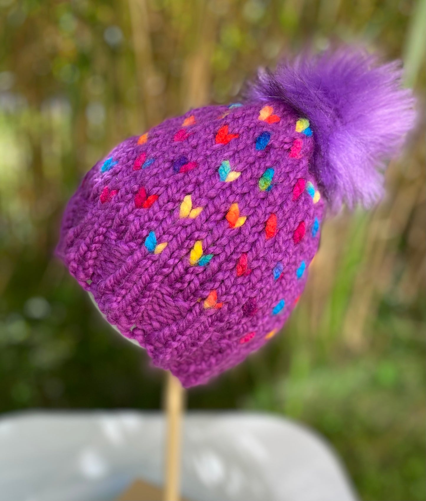 Rainbow Heart Hat Knit Hat Child Winter Toque with Snap on/Snap off Faux Fur Pompom