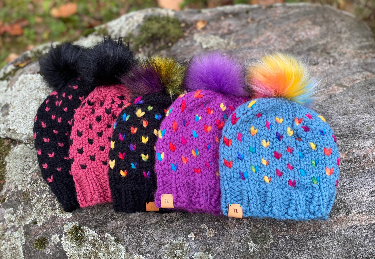 Rainbow Heart Hat - Hand Knit Hat - Child Winter Beanie with Snap On-off Faux Fur Pompom