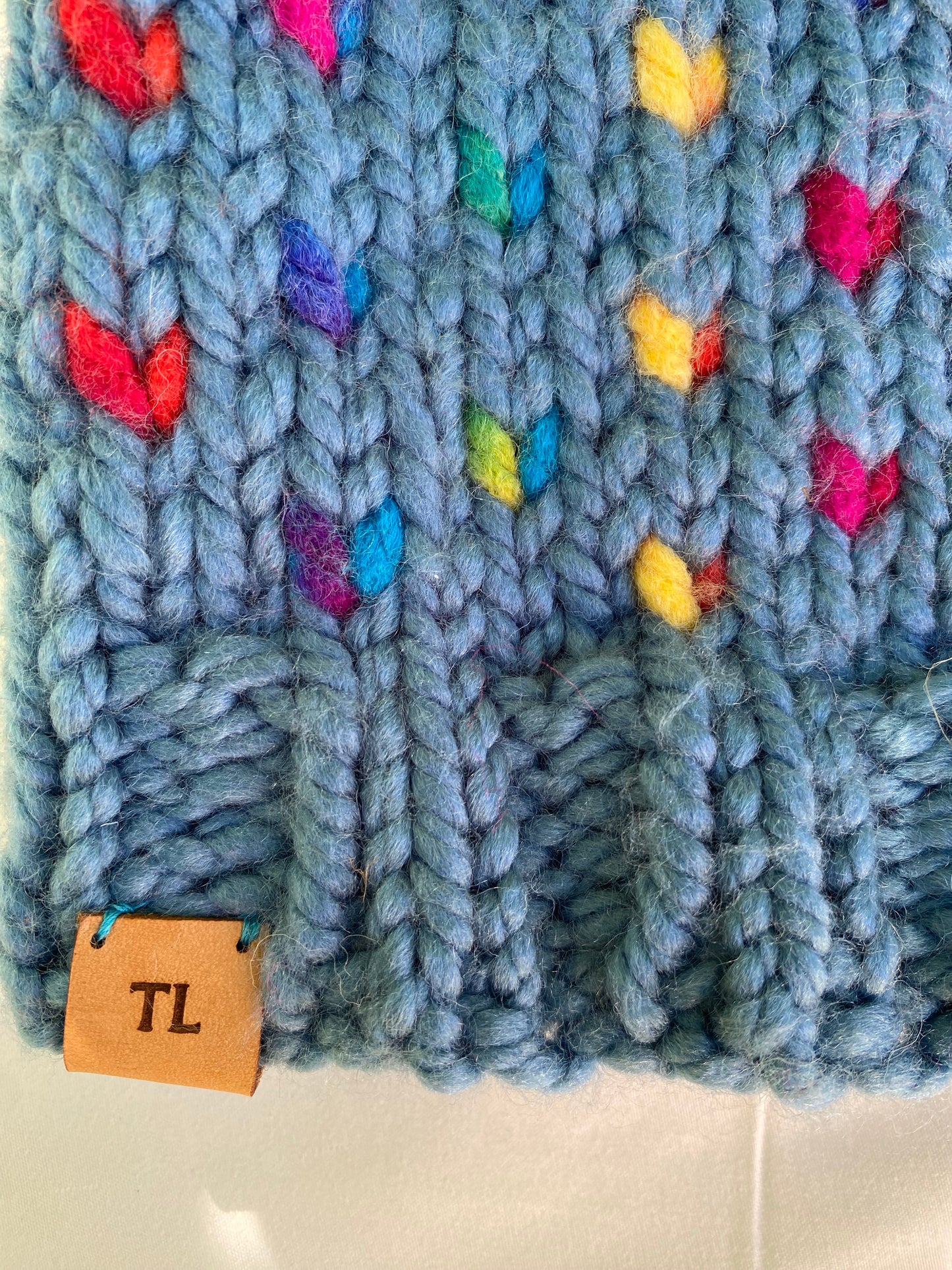 Rainbow Heart Hat - Hand Knit Hat - Child Winter Beanie with Snap On-off Faux Fur Pompom
