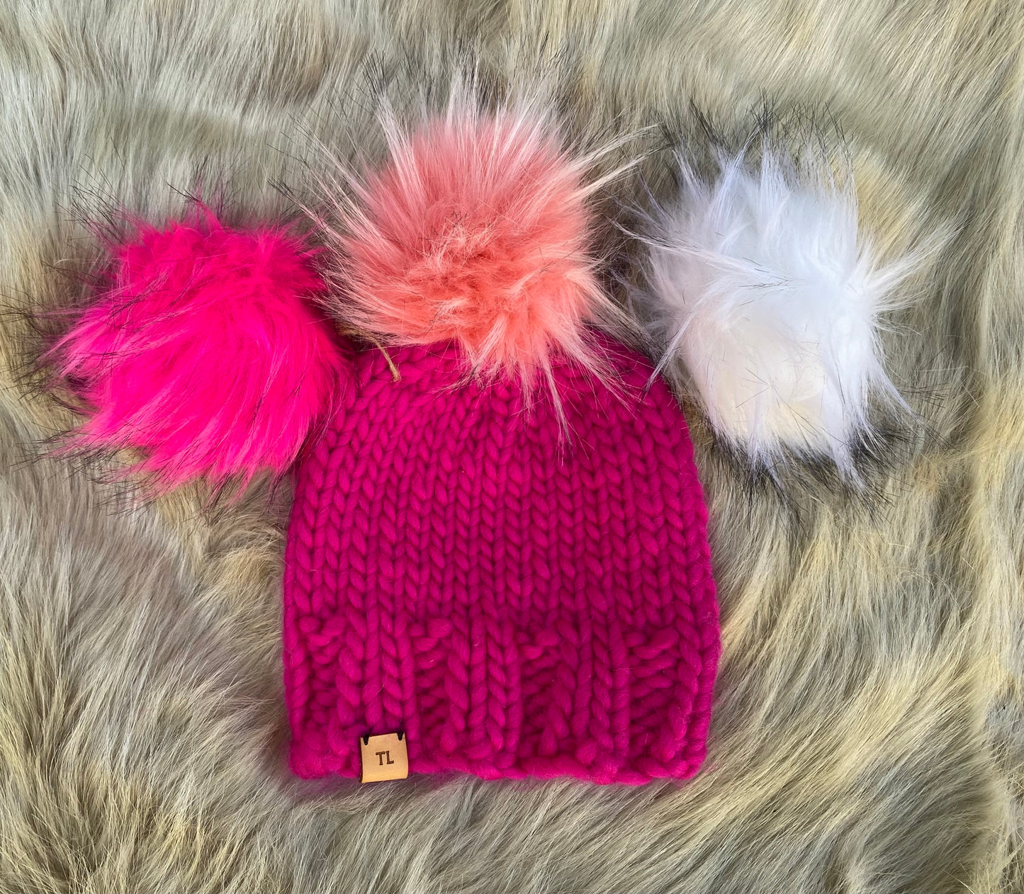 Hot Pink Toque - Luxury Knit Wool Hat - Child Winter Beanie with Interchangeable Snap On-off Faux Fur Pompom