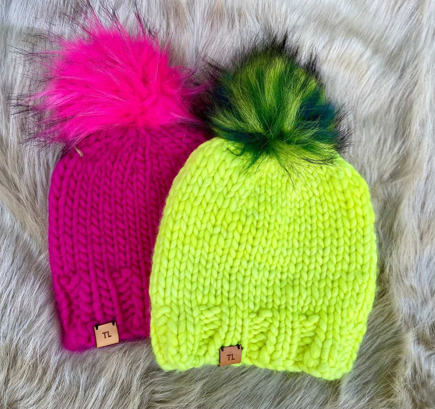 Fluorescent Yellow Child's Toque - Luxury Knit Wool Hat - Child Winter Beanie with Mulit-colour Faux Fur Pompom