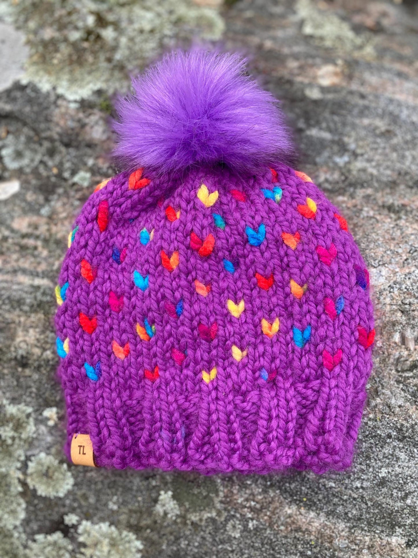 Rainbow Heart Hat Knit Hat Child Winter Toque with Snap on/Snap off Faux Fur Pompom