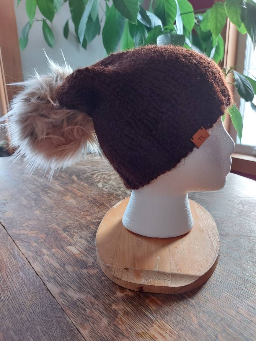 Adult Hand Knit Toque 100% Luxury Alpaca Wool Slouchy Winter Hat with Hand Made Faux Fur Pompom