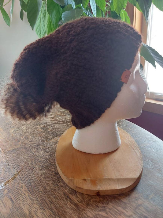 Adult Hand Knit Toque 100% Luxury Alpaca Wool Slouchy Winter Hat with Hand Made Faux Fur Pompom
