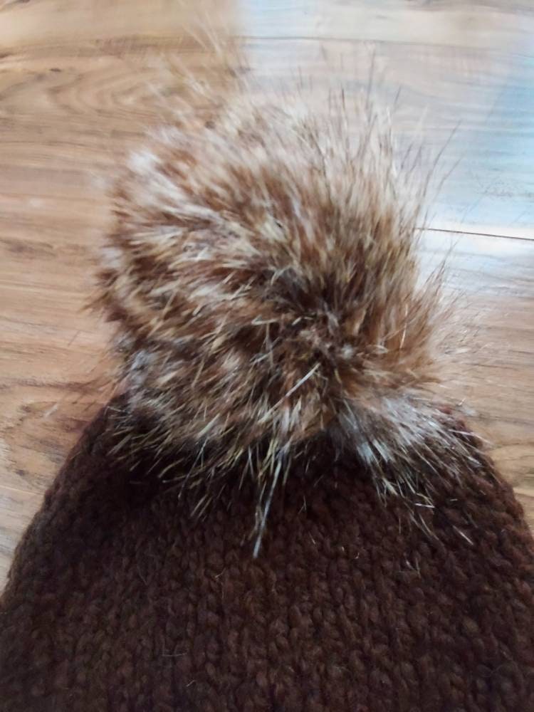 Adult Hand Knit Toque 100% Luxury Alpaca Wool Slouchy Winter Hat with Hand Made Faux Fur Pompom