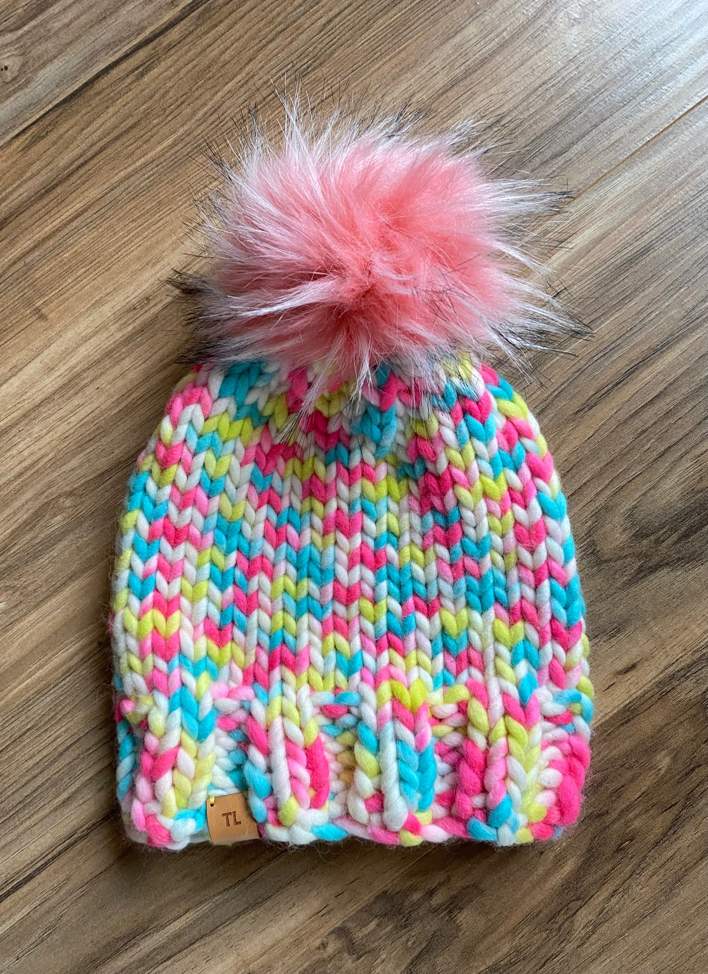 Adult Hand Knit Toque - Neon Marshmallow - 100% Peruvian Wool Hat with Removable Faux Fur Pompom