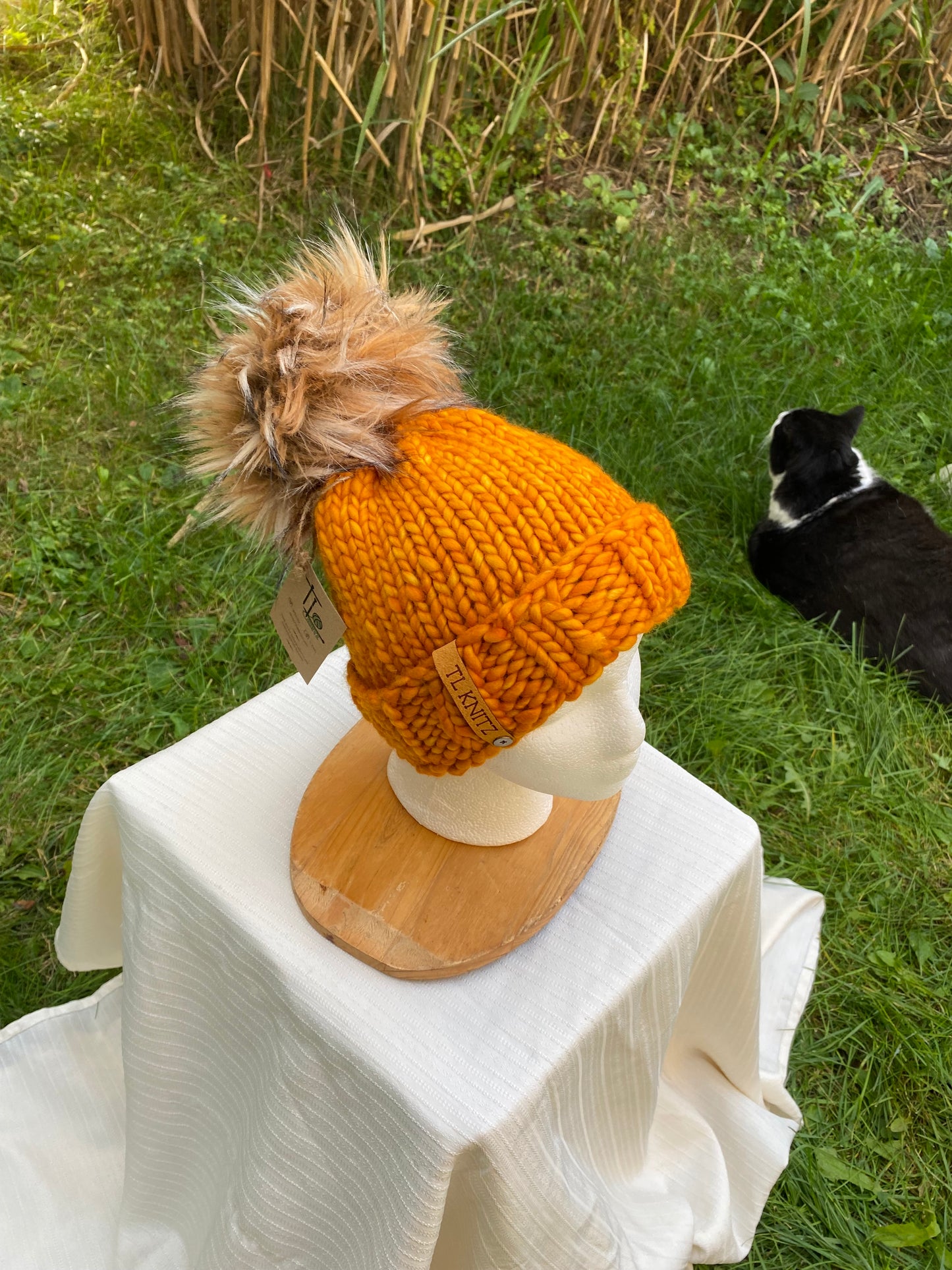 Adult Hand Knit Toque SUNSET 100% Luxury Merino Wool Slouchy Winter Hat with Removeable Handmade Faux Fur Pompom