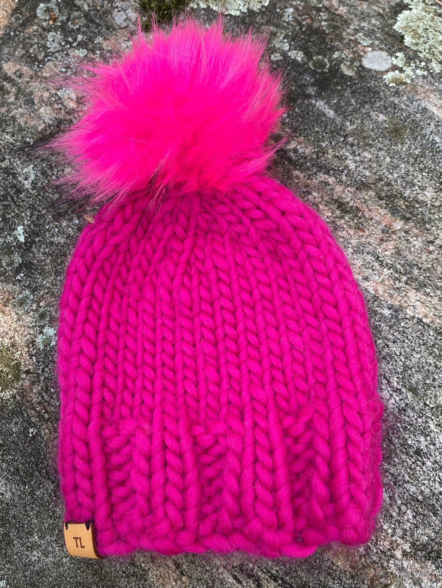 Hot Pink Toque - Luxury Knit Wool Hat - Child Winter Beanie with Interchangeable Snap On-off Faux Fur Pompom