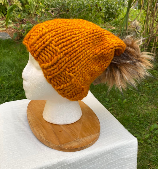 Adult Hand Knit Toque SUNSET 100% Luxury Merino Wool Slouchy Winter Hat with Removeable Handmade Faux Fur Pompom
