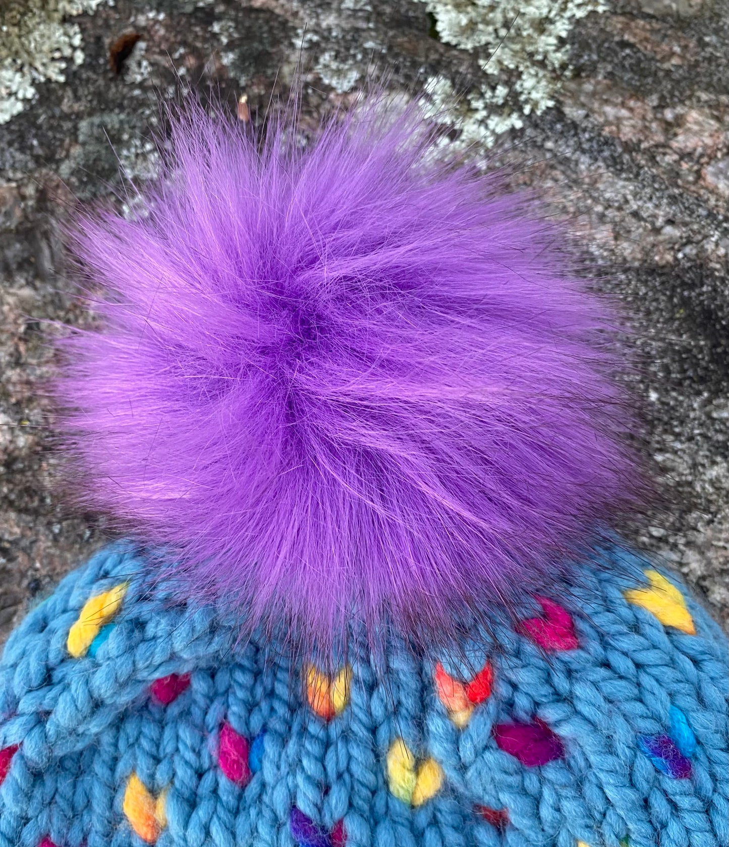 Rainbow Heart Hat - Hand Knit Hat - Child Winter Beanie with Snap On-off Faux Fur Pompom