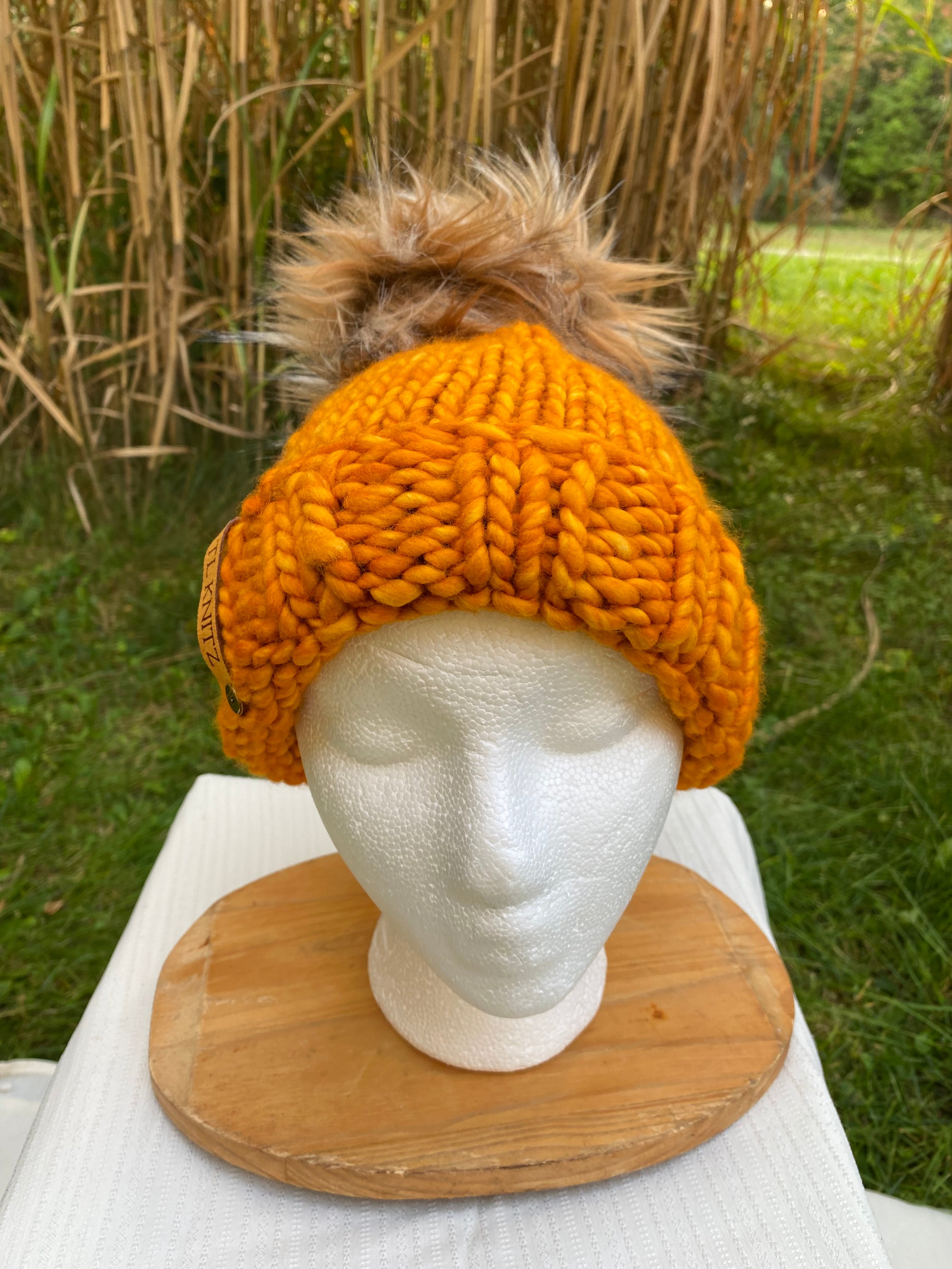 Adult Hand Knit Toque SUNSET 100% Luxury Merino Wool Slouchy Winter Hat  with Removeable Handmade Faux Fur Pompom