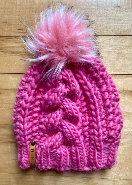 Adult Hand Knit Toque - Bulky Braided Beanie in Bubblegum Pink - 100% Peruvian Wool Hat with Faux Fur Pompom