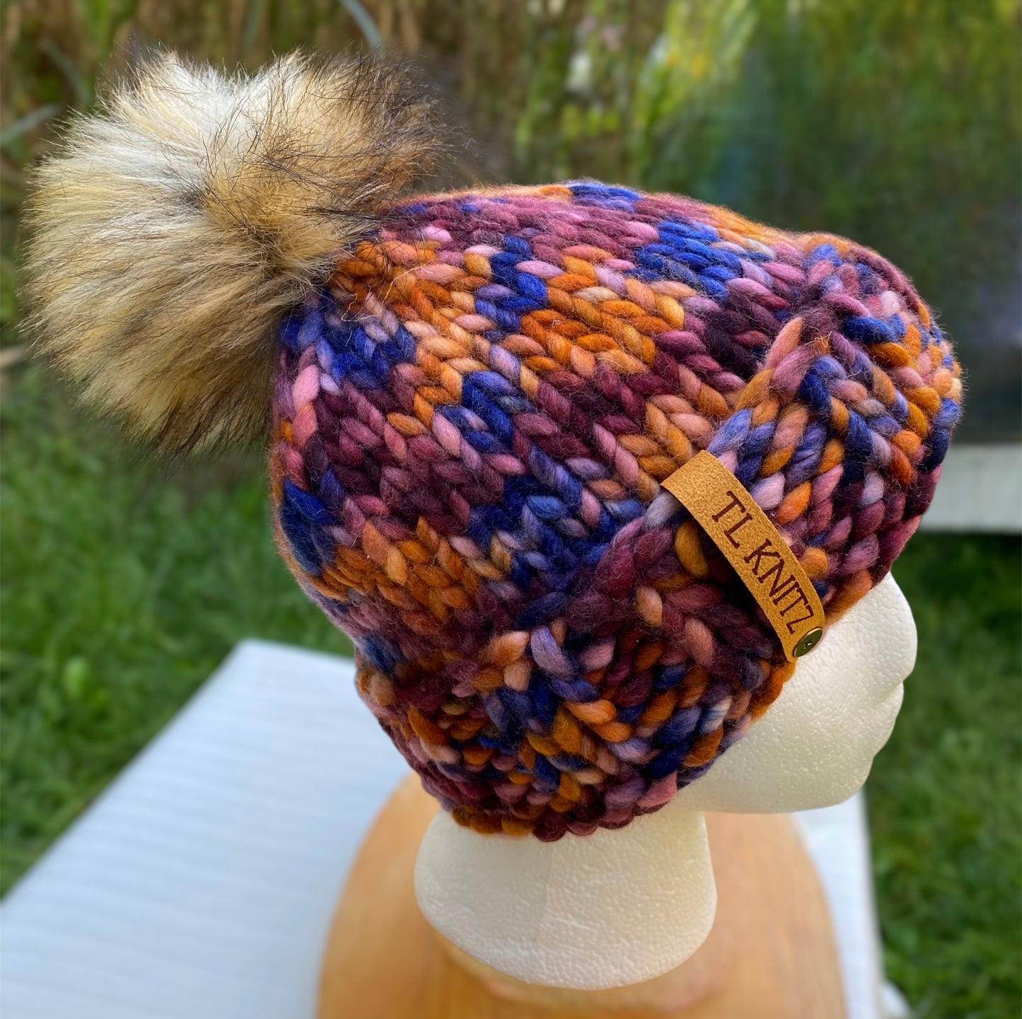 Adult Hand Knit Toque - XILOFONO 100% Luxury Merino Wool Slouchy Winter Hat with Faux Fur Pompom