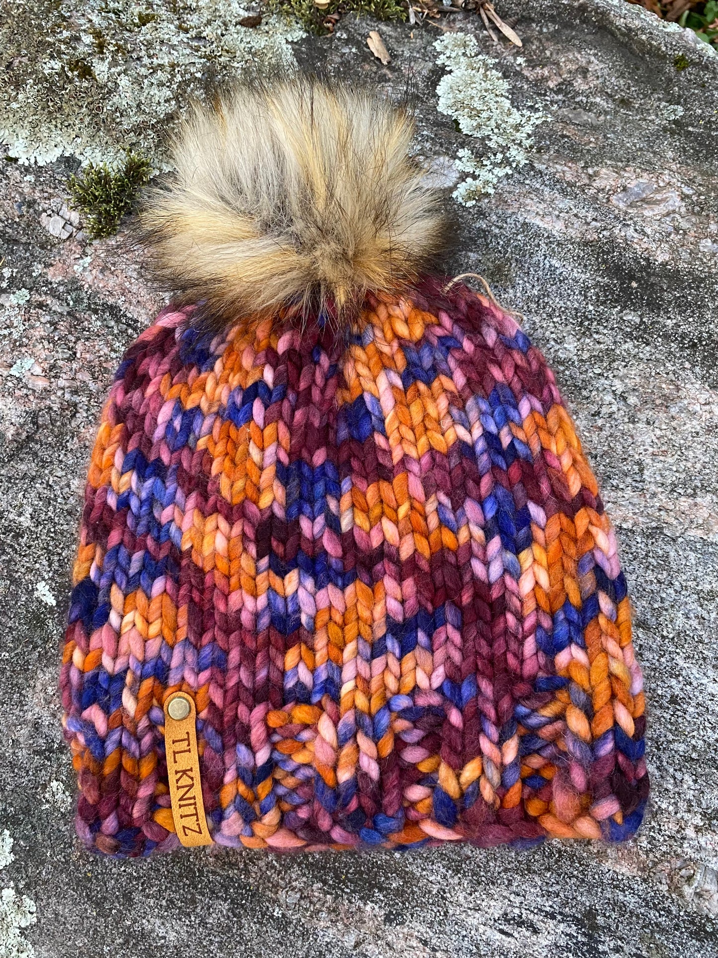 Adult Hand Knit Toque - XILOFONO 100% Luxury Merino Wool Slouchy Winter Hat with Faux Fur Pompom
