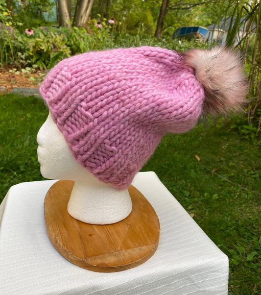 Adult Hand Knit Toque - PINK LEMONADE - 100% Peruvian Wool Hat with Faux Fur Pompom