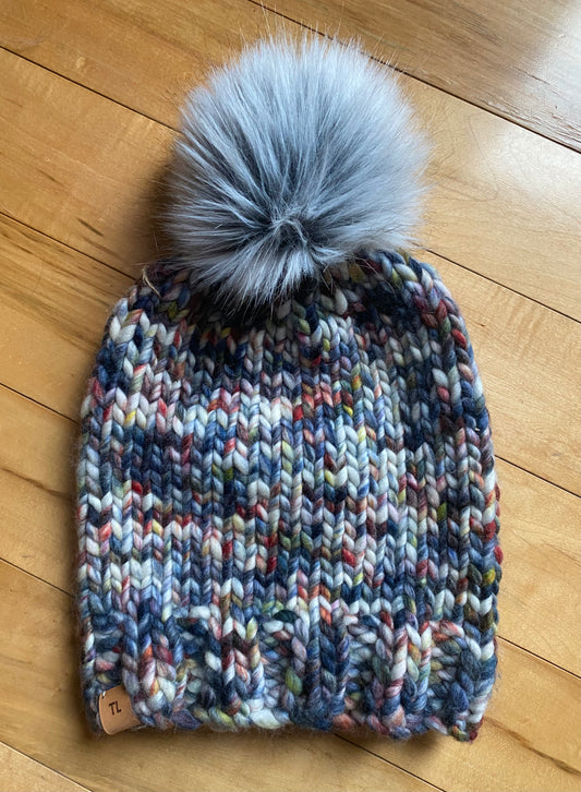 Adult Hand Knit Merino Hat with Faux Fur Pom Pom Twisted Candy Hat Soft and Warm Winter Hat Rainbow and White popular Hat