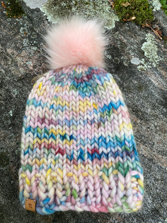 Adult Hand Knit Toque - Yarnicorn - 100% Peruvian Wool Hat with Faux Fur Pompom