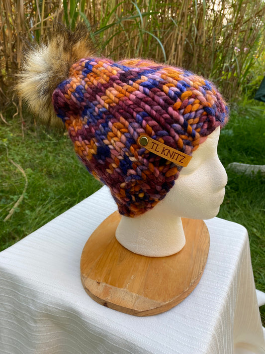 Adult Hand Knit Toque - XILOFONO 100% Luxury Merino Wool Slouchy Winter Hat with Faux Fur Pompom