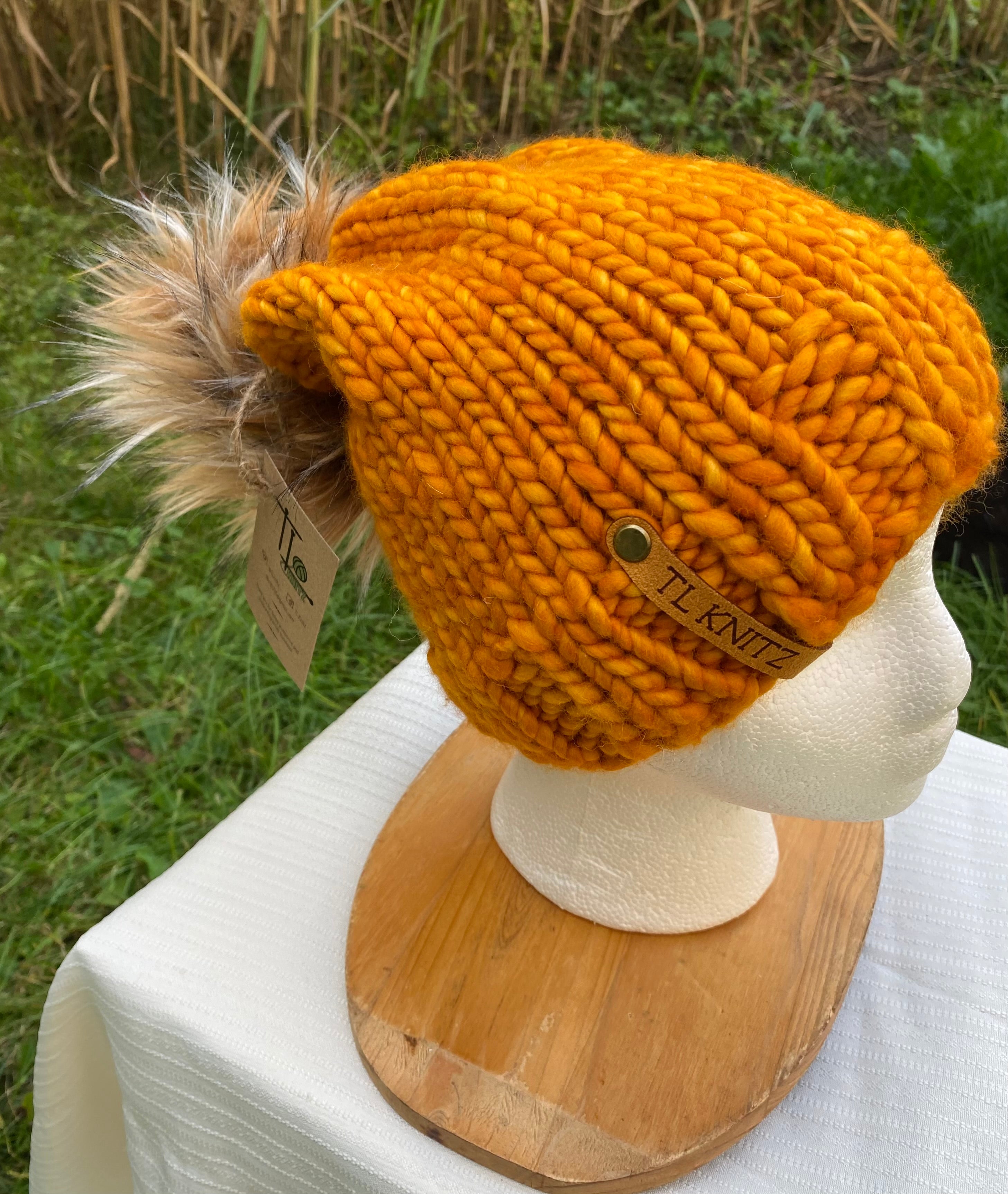 Adult Hand Knit Toque SUNSET 100% Luxury Merino Wool Slouchy Winter Hat  with Removeable Handmade Faux Fur Pompom