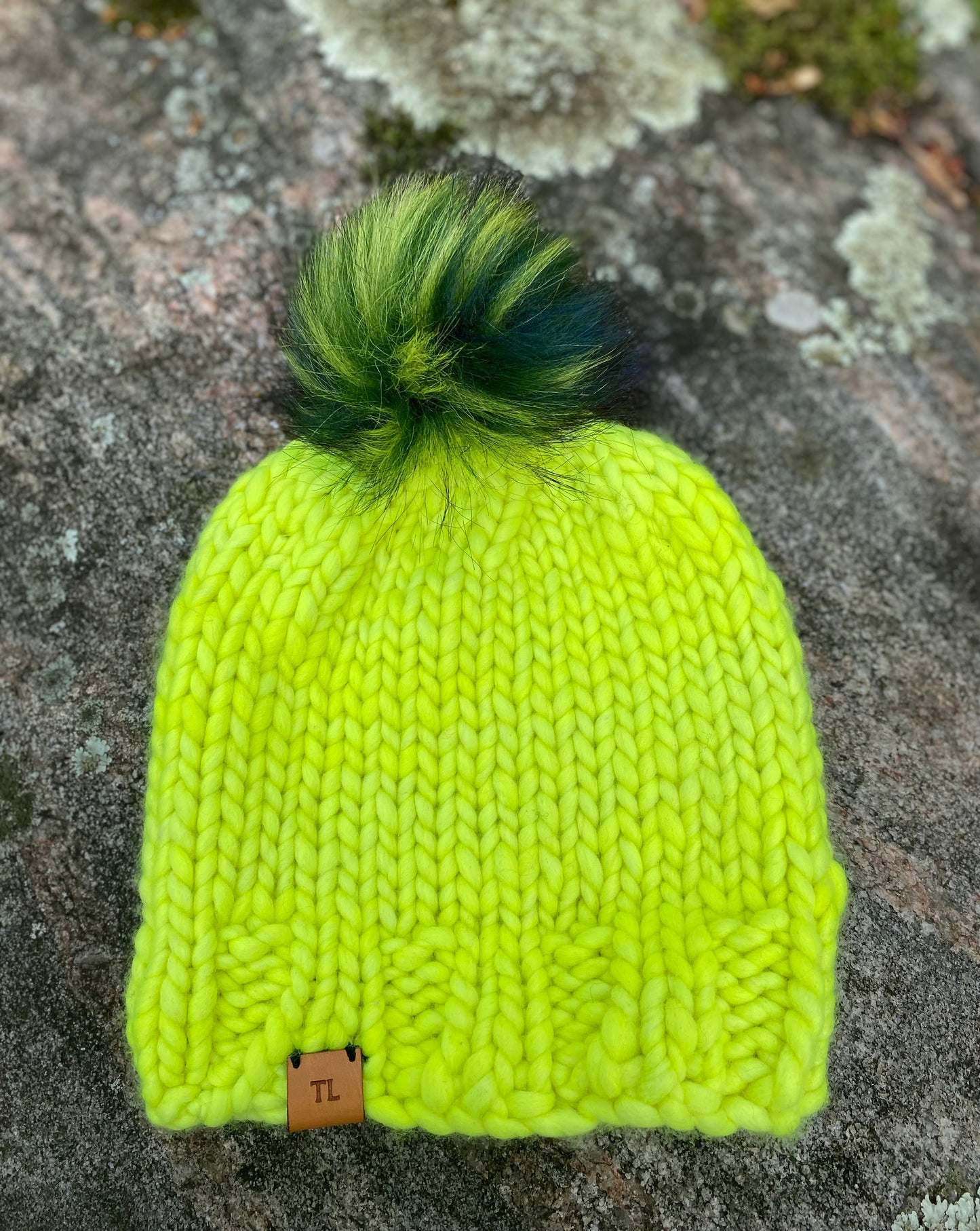 Fluorescent Yellow Child's Toque - Luxury Knit Wool Hat - Child Winter Beanie with Mulit-colour Faux Fur Pompom