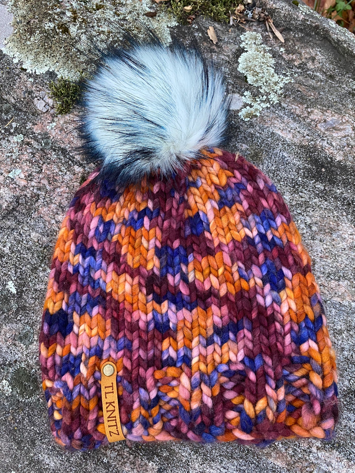 Adult Hand Knit Toque - XILOFONO 100% Luxury Merino Wool Slouchy Winter Hat with Faux Fur Pompom