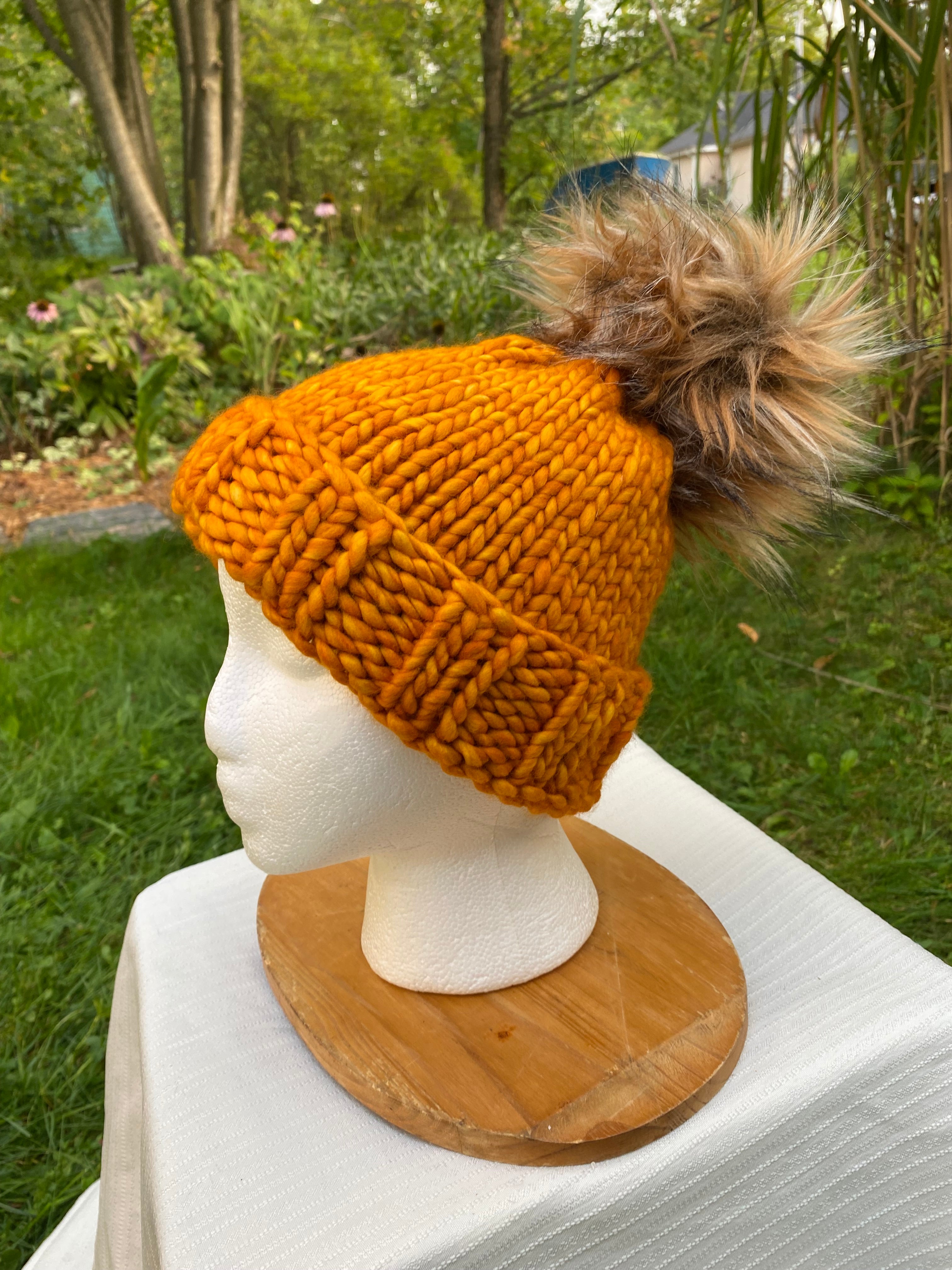 Adult Hand Knit Toque SUNSET 100 Luxury Merino Wool Slouchy Winter Hat with Removeable Handmade Faux Fur Pompom